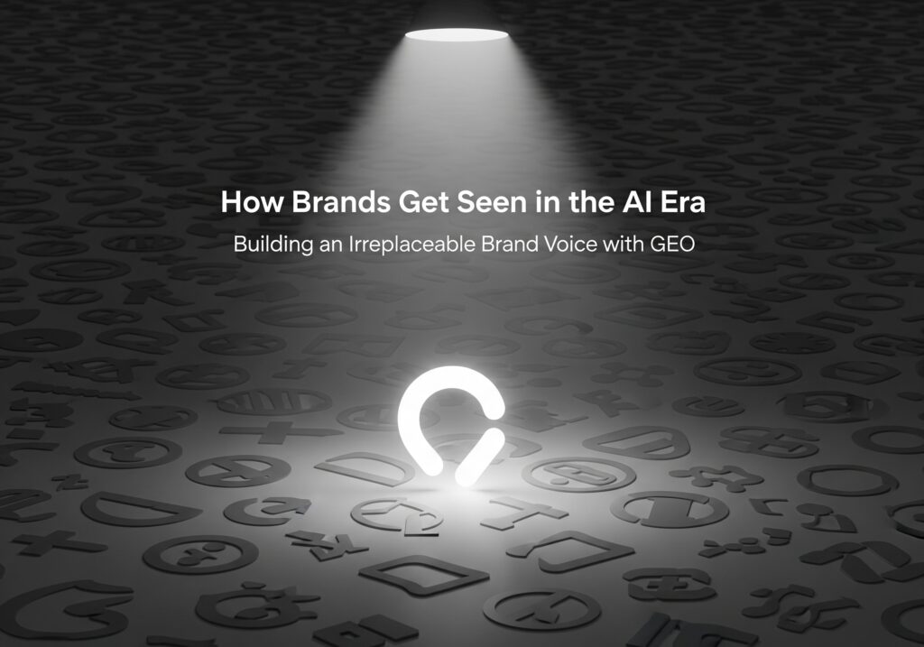 一張關於「AI 時代品牌如何被看見」的概念圖。圖中一道 AI 聚光燈，從一片由模糊、同質化的品牌 Logo 組成的「資訊海洋」中，精準地照亮一個獨特且發光的品牌，象徵品牌可透過 GEO 策略，打造不可取代的品牌聲音以脫穎而出。
